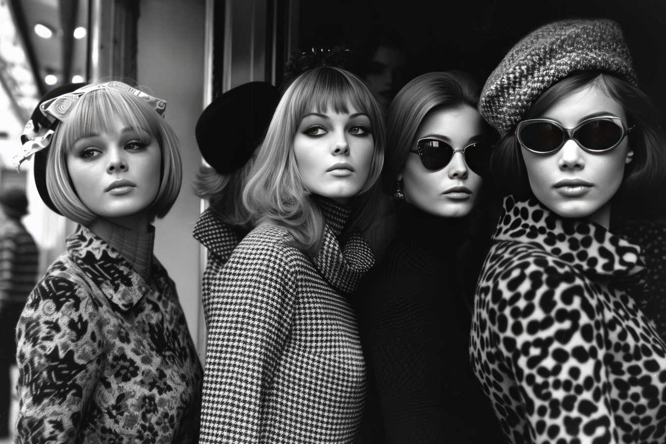 Monochrome image of four mannequin heads in a row, each sporting different chic hairstyles and adorned with stylish hats and sunglasses, showcasing a variety of textures and patterns in their attire.