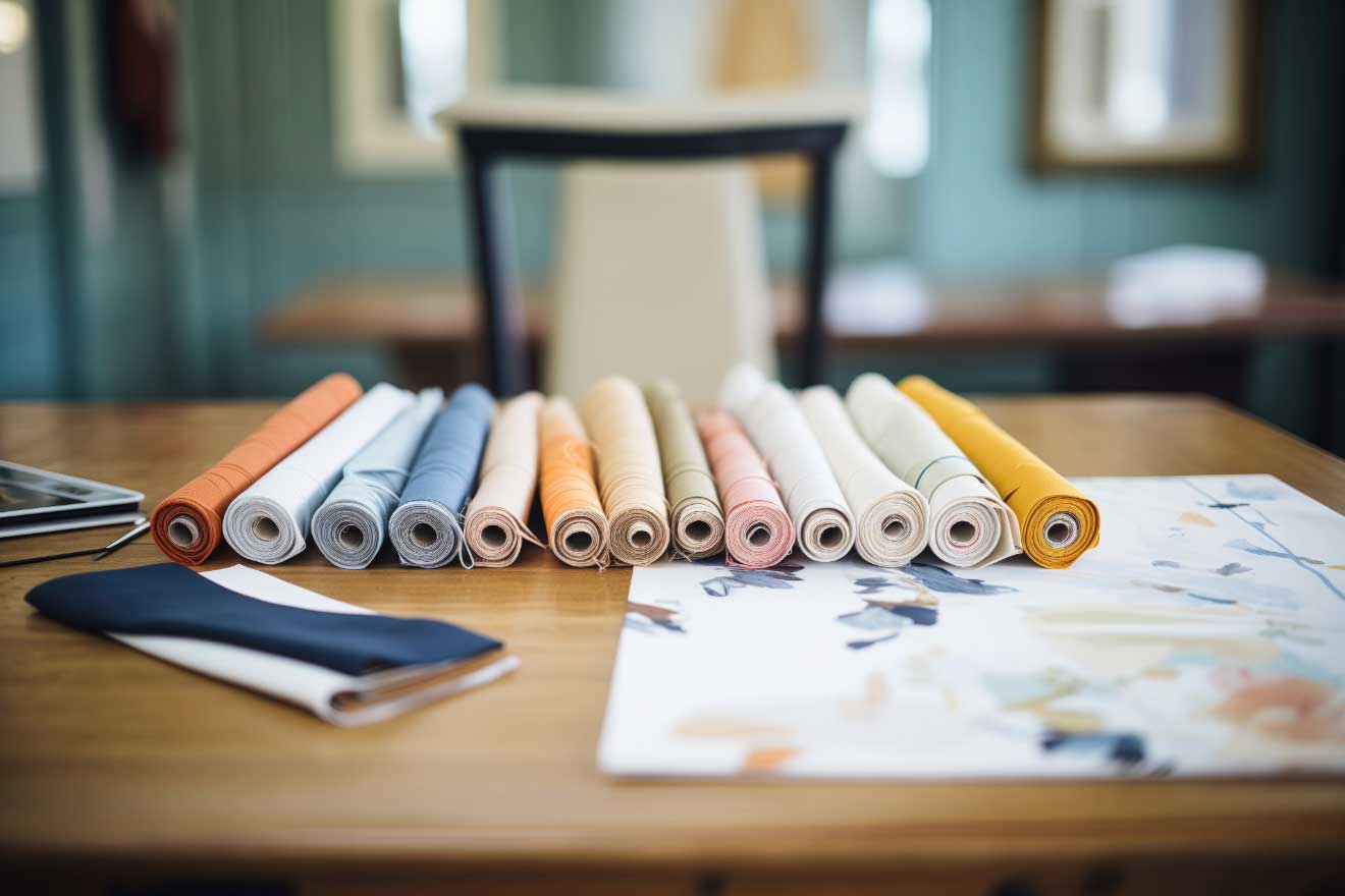 Rolled fabric swatches in a palette of soft pastels and bold mustards on a wooden table, with sketches and a digital tablet, in a designer's bright workshop.